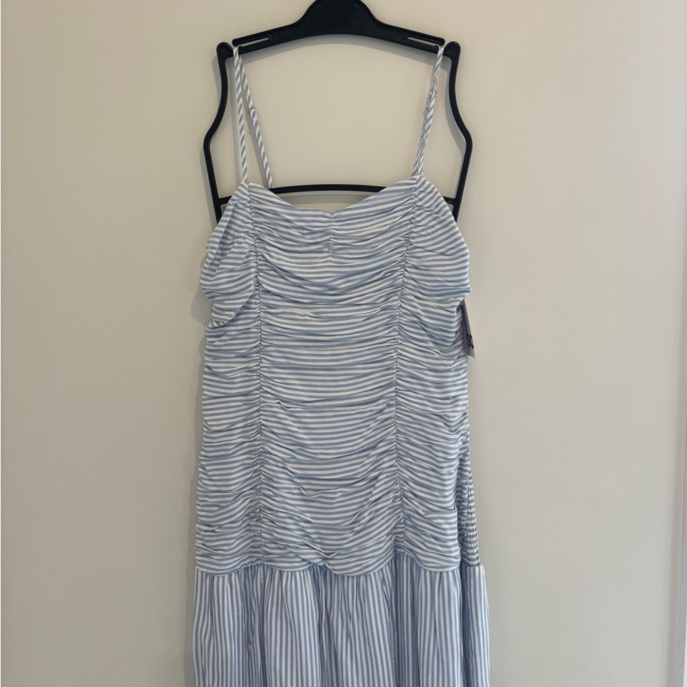 Light Blue and White Striped Ruched Sundress